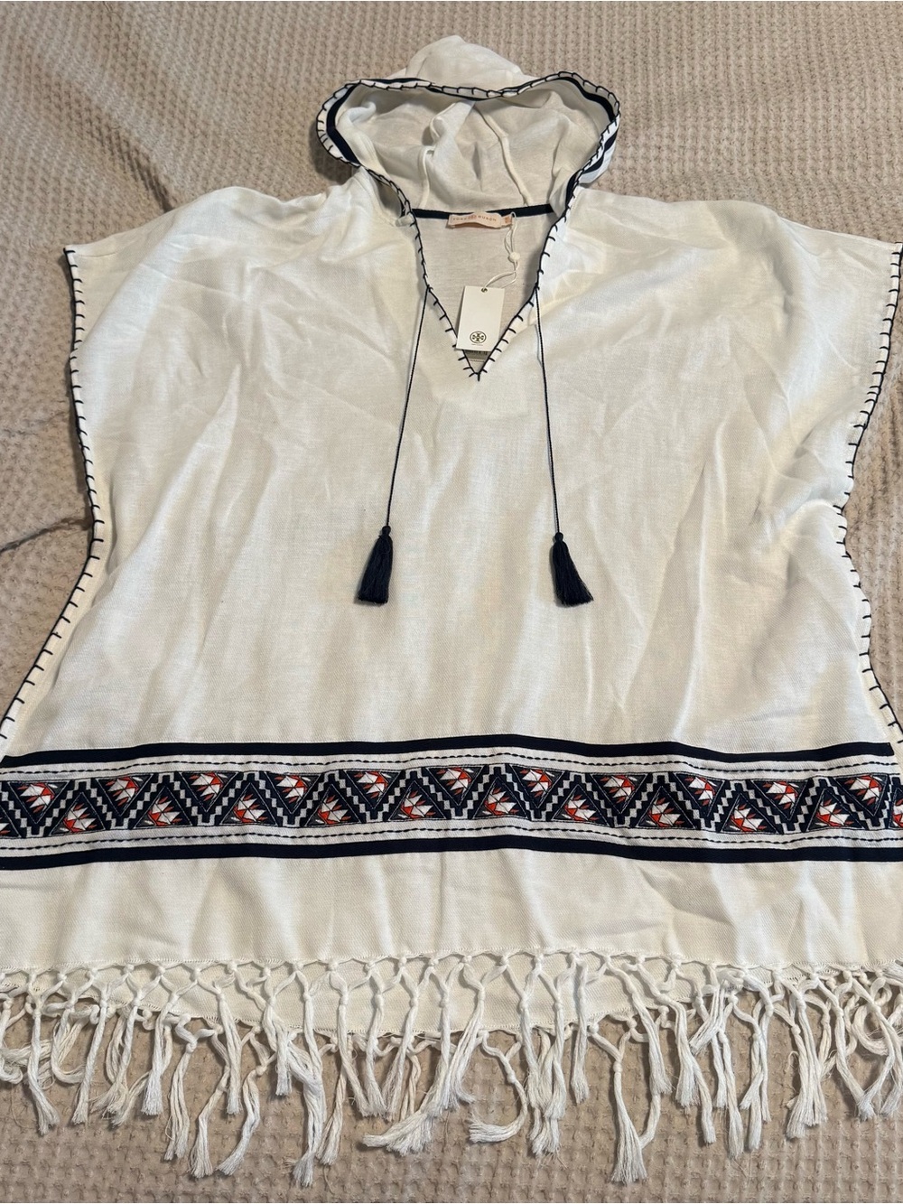 Tory Burch Ivory Hooded Tunic with Navy & Rust Embroidery